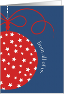 Merry Christmas from all of us, red, white, blue, stars, ornament card
