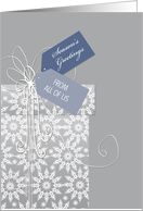 Season’s Greetings, Christmas card from all of us, elegant gift, white snowflakes card