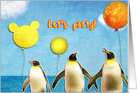 let’s party, teenager birthday party invitation, penguins, balloons card