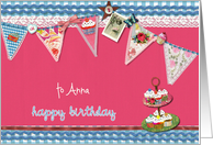 custom personalized birthday card, bunting & cupcakes, blue & magenta card