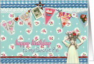 to my secret pal, birthday card, bunting & roses, vintage girl card