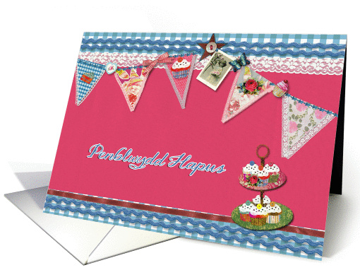happy birthday in Welsh, bunting, cupcake, scrapbook style card