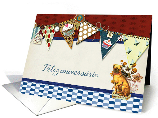 happy birthday in Portuguese, bunting, cupcake, scrapbook style card