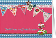 happy birthday in Norwegian, bunting, cupcake, scrapbook style card