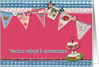 happy birthday in Czech, bunting, cupcake, scrapbook style card