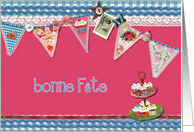 happy birthday in French (Canadian), bunting, cupcake, scrapbook style card