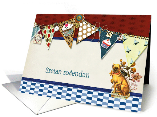 happy birthday in Croatian, bunting, cupcake, scrapbook style card