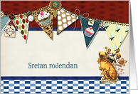 happy birthday in Croatian, bunting, cupcake, scrapbook style card