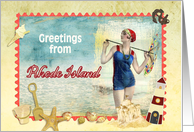 greetings from Rhode Island, vintage bathing beauty, beach, shells card