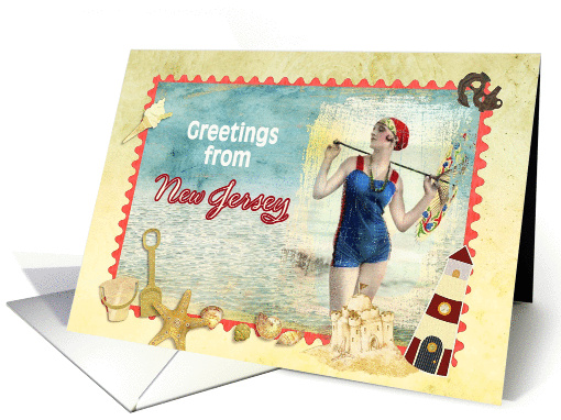 greetings from New Jersey, vintage bathing beauty, beach, shells card