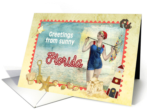 greetings from Florida, vintage bathing beauty, beach, shells card