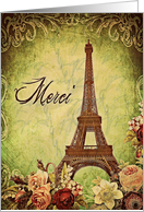 merci, thank you in French, Eiffel tower Paris, vintage look card