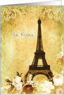 au revoir, good bye in French, Eiffel tower, roses, vintage look card