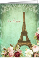 au revoir, good bye in French, Eiffel tower, roses, vintage look card