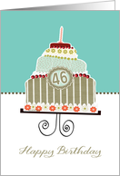 happy 46th birthday, layered cake, candle, cherries, flowers card