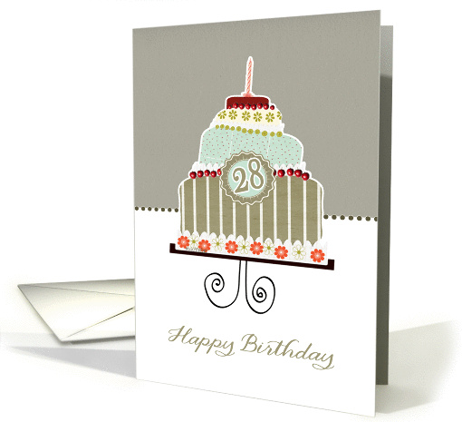 happy 28th birthday, layer cake, candle, cherries, flowers card