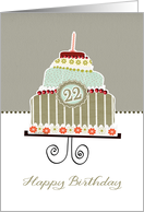 happy 22nd birthday, layer cake, candle, cherries, flowers card