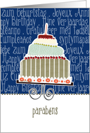 parabns, happy birthday in Portuguese, cake & candle card