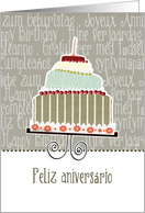 Feliz aniversrio, happy birthday in Portuguese, cake & candle card