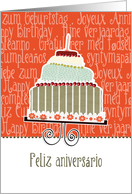 Feliz aniversrio, happy birthday in Portuguese, cake & candle card