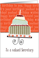 to a valued secretary, business happy birthday card, cake & candle card