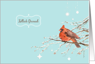 Merry Christmas in Manx, red cardinal bird, watercolor card