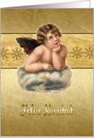Merry Christmas in Spanish, vintage angel, gold effect card
