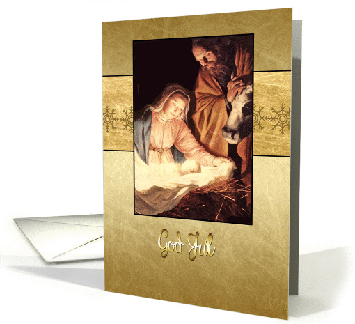 Merry Christmas in Norwegian, nativity, Mary, Joseph & Jesus card