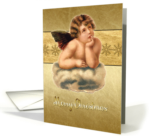 Merry Christmas card, vintage victorian cherub, gold effect card