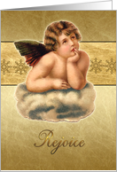 Rejoice, Christian Christmas card, scripture, cherub, gold effect card
