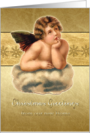 Christmas greetings from our new home, vintage cherub, gold effect card