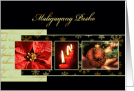 Merry Christmas in Tagalog, poinsettia, ornament, candles card