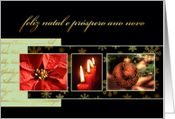 Merry Christmas in Portuguese, poinsettia, ornament, candles card