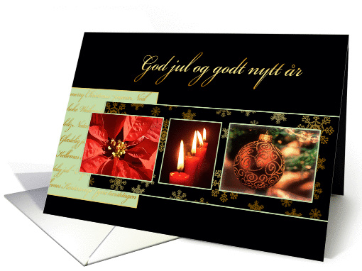 Merry Christmas in Norwegian, poinsettia, ornament, candles card