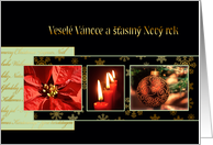 Merry Christmas in Czch, poinsettia, ornament, candles card