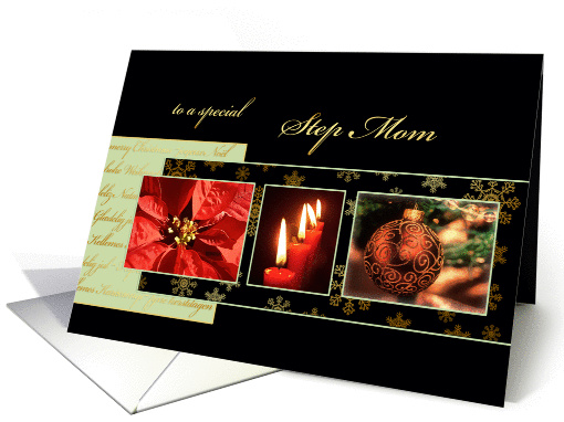 Merry Christmas to my step mom, poinsettia, ornament, gold effect card