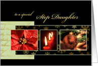 Merry Christmas to my step daughter, poinsettia, ornament, gold effect card