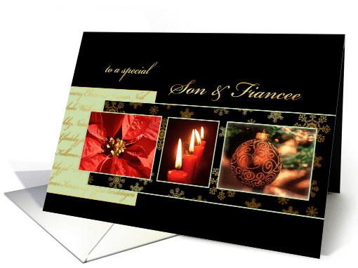 Merry Christmas to my son & fiancee, poinsettia, gold effect card