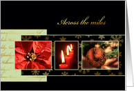 Merry Christmas across the miles, ornament, poinsettia, gold effect card