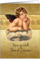 Merry Christmas to my son & fiancee, christmas card, vintage cherub card