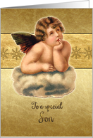 Merry Christmas to my son, vintage cherub, gold effect card