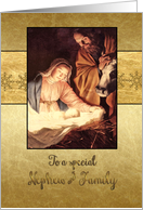 Merry Christmas to my nephew & family, nativity, gold effect card