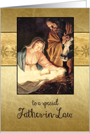 Merry Christmas to my father in law, nativity, gold effect card