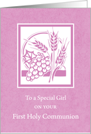 Girl First Communion Wheat Grapes and Host on Pink card