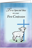 Boy First Confession with Lamb and Blue Cross card