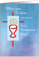 Godson First Holy Communion Blue with Chalice and Host on Red Cross card