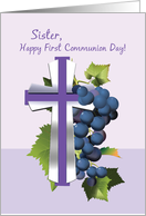 Sister First Holy Communion Purple and Silver Cross with Grapes card