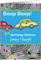 1st Birthday Boy Cars Driving on Road on Blue card