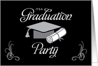 Graduation Party Invitation Black Gray with Cap and Diploma card