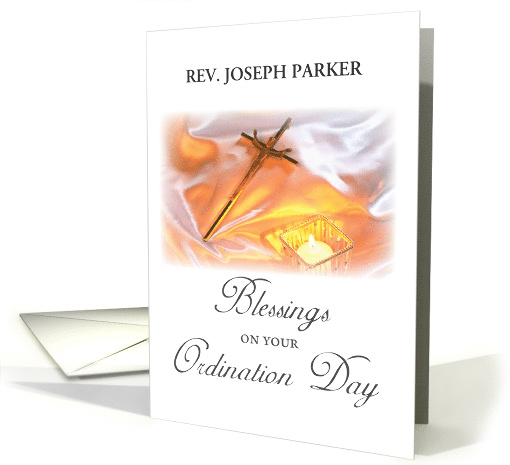 Custom Name Blessings on Ordination Day Cross and Candle card